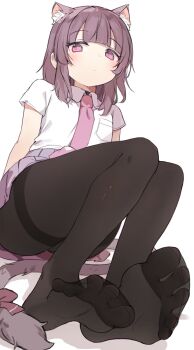 1girl animal_ear_fluff animal_ears black_pantyhose blunt_bangs blush brown_hair cat_ears cat_girl cat_tail closed_mouth collared_shirt commentary expressionless fallenshadow feet flat_chest foot_focus foreshortening highres indie_virtual_youtuber knees_up legs looking_at_viewer medium_hair miniskirt necktie no_shoes orobou pantyhose pink_necktie pleated_skirt purple_skirt shirt short_sleeves sidelocks sitting skirt soles solo spread_toes symbol-only_commentary tail thighband_pantyhose thighs toe_seam toes virtual_youtuber white_background white_shirt
