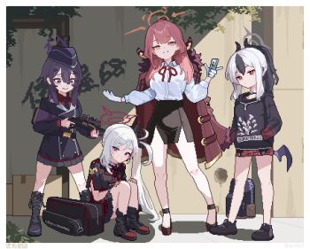 3girls 4girls aru_(blue_archive) backpack bag black_boots black_choker black_flower black_hair black_hoodie black_horns black_jacket black_shoes blue_archive boots box breasts bright_pupils brown_horns cardboard_box choker coat coat_on_shoulders commentary demon_horns duffel_bag fabarm_fp6 flower fur-trimmed_coat fur_trim garrison_cap gloves graffiti grey_halo gun hair_between_eyes hair_flower hair_ornament hairclip halo hands_in_pockets haruka_(blue_archive) hat high_heels holding holding_gun holding_weapon hood hoodie horns industrial_pipe jacket kayoko_(blue_archive) lav2pix long_hair looking_at_viewer low_horns low_wings miniskirt multicolored_hair multiple_girls mutsuki_(blue_archive) neck_ribbon on_floor orange_eyes orange_halo pixel_art plant ponytail problem_solver_68_(blue_archive) pump_action purple_eyes purple_hair purple_halo red_coat red_eyes red_hair red_halo red_ribbon red_skirt ribbon shirt shoes short_hair shotgun side_ponytail single_wing sitting skirt smile sunlight two-tone_hair unworn_backpack unworn_bag weapon white_gloves white_hair white_pupils white_shirt wings