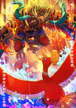 beak bird commission crossover duel_monster fire flying gen_2_pokemon highres ho-oh hsin legendary_pokemon nintendo no_humans open_mouth phoenix pokemon sacred_fire_king_garunix spread_wings watermark yu-gi-oh!