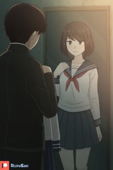 1boy 1girl artist_name genderswap genderswap_(mtf) grey_eyes highres indoors mirror patreon_logo patreon_username reflection rudy_saki school_uniform solo standing