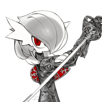 1girl absurdres aliasing arm_up armor artist_name bob_cut closed_mouth clothed_pokemon dated diyouyou female_focus fighting_stance flat_chest from_side gardevoir gauntlets gen_3_pokemon grey_theme greyscale hair_over_one_eye highres holding holding_sword holding_weapon looking_at_viewer medium_hair monochrome nintendo one_eye_covered ox_guard pokemon pokemon_(creature) rapier red_eyes serious shoulder_armor signature simple_background solo spot_color standing sword upper_body weapon white_background