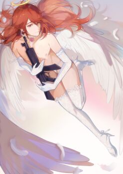 1boy absurdres androgynous angel angel_devil_(chainsaw_man) angel_wings bare_pectorals bare_shoulders bishounen chainsaw_man commentary crossdressing crossdressing_(mtf) elbow_gloves english_commentary feathered_wings flower-trimmed_thighhighs from_above gloves gun hair_between_eyes hair_spread_out halo highres holding holding_gun holding_weapon innolays jewelry lace lace_gloves lace_thighhighs long_hair looking_at_viewer lying male_focus necklace nipples on_back panties pearl_necklace pectorals red_eyes red_hair shoes solo strappy_heels thighhighs traditional_halo underwear weapon weapon_request white_gloves white_panties white_shoes white_wings wings