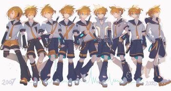 6+boys ahoge androgynous aqua_eyes bass_clef belt black_arm_warmers black_hood black_leg_warmers black_shorts black_sleeves blonde_hair choker closed_eyes detached_sleeves hair_ornament hairclip hand_in_pocket headphones headset hikusa hood hoodie instrument instrument_on_back kagamine_len kagamine_len_(act1) kagamine_len_(append) kagamine_len_(if) kagamine_len_(nt) kagamine_len_(sp) kagamine_len_(vocaloid4) keytar leg_warmers looking_at_viewer multiple_boys multiple_persona necktie neon_trim orange_belt ponytail progression sailor_collar shirt shoes short_hair short_ponytail short_sleeves shorts smile sneakers spiked_hair straight_hair swept_bangs treble_clef two-tone_hoodie vocaloid vocaloid_append white_hoodie yellow_necktie yellow_shoes yellow_shorts