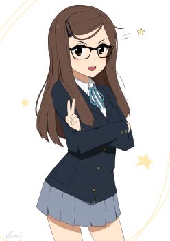 1girl artist_self-insert black-framed_eyewear black_jacket blazer blue_ribbon brown_eyes brown_hair buttons collared_shirt commentary contrapposto cowboy_shot crossed_arms english_commentary glasses grey_skirt hair_ornament hairclip highres jacket k-on! layered_sleeves long_hair long_sleeves looking_at_viewer microskirt neck_ribbon open_mouth parody pleated_skirt ribbon sakuragaoka_high_school_uniform sasoura shirt simple_background skirt smile solo star_(symbol) style_parody teeth tongue upper_teeth_only v white_background white_shirt
