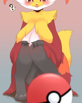 1girl :3 ? animal_feet animal_nose artist_name black_fur blurry blurry_foreground blush body_fur breasts bright_pupils claws clueless collarbone convenient_censoring delphox depth_of_field female_focus fox_girl fox_tail furry furry_female gen_6_pokemon geturouka9b gradient_background hands_on_own_knees head_out_of_frame highres knees_together_feet_apart large_breasts looking_at_viewer multicolored_fur nintendo open_mouth poke_ball poke_ball_(basic) pokemon pokemon_(creature) pussy red_eyes red_fur signature simple_background snout solo speech_bubble spoken_question_mark squatting tail twitter_username white_fur white_pupils yellow_fur