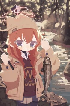 1girl absurdres animal animal_hat beanie black_pantyhose black_shirt blue_archive blue_eyes blush braid brown_hat brown_jacket brown_skirt cat_hat collared_shirt commentary_request cowboy_shot crossed_bangs fish fishing fishing_rod hair_between_eyes hair_over_shoulder halo hat highres holding holding_animal holding_fish holding_fishing_rod jacket long_hair long_sleeves looking_at_viewer low_twin_braids maki_(blue_archive) maki_(camp)_(blue_archive) outdoors pantyhose parted_lips red_hair red_halo red_sweater shigure_(hggk2544) shirt sidelocks skirt solo stream sweater tree turtleneck turtleneck_shirt twin_braids white_shirt