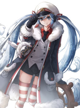 1girl absurdres aqua_hair binoculars black_coat black_gloves black_necktie black_shorts closed_mouth coat commentary english_commentary fairxw fur-trimmed_coat fur-trimmed_sleeves fur_trim gloves gradient_hair grey_eyes hair_ribbon hat hatsune_miku highres holding holding_binoculars jacket long_hair long_sleeves looking_at_viewer looking_through_scope miku_day multicolored_hair necktie official_alternate_costume official_alternate_hairstyle rabbit rabbit_yukine red_hair red_ribbon red_shirt ribbon sailor_hat shirt short_shorts shorts smile striped_clothes striped_thighhighs thick_thighs thighhighs thighs twintails very_long_hair vocaloid white_hair white_jacket yuki_miku yuki_miku_(2022)