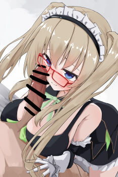 Rule 34 | 1boy, 1girl, 9-nine-, absurdres, all fours, bar censor, bare shoulders, black dress, blue eyes, blush, bow, bowtie, breasts, brown hair, censored, closed mouth, commentary, detached collar, dress, dress bow, dutch angle, erection, eyelashes, frilled dress, frills, girl on top, glasses, gloves, green bow, green bowtie, hair between eyes, hetero, highres, kujou miyako, large breasts, long hair, looking at another, looking at penis, maid, maid headdress, nine ball maid uniform, official alternate costume, official alternate hairstyle, paizuri, penis, red-framed eyewear, short dress, simple background, sleeveless, sleeveless dress, smile, solo focus, straight hair, takoyaki032002, twintails, upturned eyes, white background, white gloves