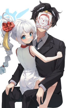1boy 1girl absurdres black_suit blue_archive blue_eyes blue_halo blunt_bangs braid braided_ponytail bsm_(tcsv2827) cherino_(blue_archive) cherino_(qipao)_(blue_archive) china_dress chinese_clothes commentary_request doodle_sensei_(blue_archive) dress fake_facial_hair fake_mustache formal_clothes halo high_braided_ponytail highres long_hair sensei_(blue_archive) sitting sitting_on_person sleeveless suit white_background white_dress white_hair