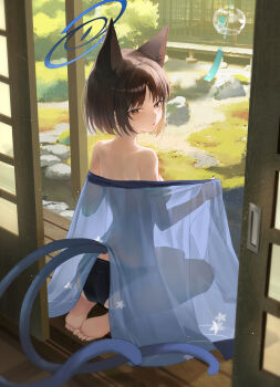 1girl animal_ear_fluff animal_ears ass barefoot black_eyes black_hair black_nails black_panties blue_archive blue_halo breasts cat_ears cat_girl cat_tail commentary feet fingernails from_behind grass halo highres kikyou_(blue_archive) long_fingernails looking_at_viewer medium_breasts multiple_tails nail_polish nea_(nea_77) open_door panties parted_lips rock see-through_silhouette seiza short_hair shouji sitting sliding_doors soles solo tail toes turning_head two_tails underwear veranda wind_chime wooden_floor