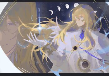 Rule 34 | 1boy, ascot, blonde hair, blue ascot, blue eyes, brooch, cape, closed mouth, commentary, fate/grand order, fate (series), feathers, frilled sleeves, frills, gloves, gold trim, hair between eyes, hand up, highres, holding, holding staff, jacket, jewelry, kirschtaria wodime, letterboxed, long hair, long sleeves, looking down, looking to the side, mage staff, male focus, moon phases, parted lips, projected inset, side cape, smile, staff, star (symbol), white cape, white feathers, white gloves, white jacket, yu 4444fg