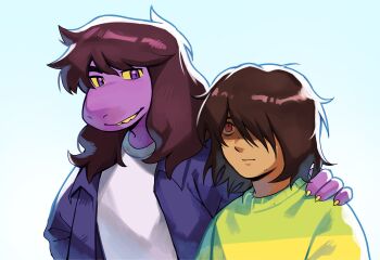 1girl 1other absurdres brown_hair colored_skin colored_teeth deltarune furry furry_female highres jacket kris_(deltarune) long_hair nifast_(greentail) purple_skin reptile_girl smile susie_(deltarune) teeth utdr_(toby_fox) yellow_teeth