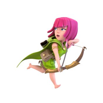 1girl 3d absurdres archer_(clash_of_clans) blue_eyes bow_(weapon) cape clash_of_clans dress full_body green_cape green_dress highres holding holding_bow_(weapon) holding_weapon looking_to_the_side non-web_source official_art pink_hair simple_background solo transparent_background weapon