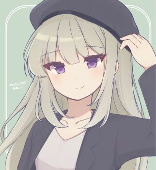 1girl 77kawasemiyy beret black_hat black_jacket blazer blush closed_mouth collarbone commentary_request green_background green_hair grey_shirt hand_on_headwear hand_up hat highres jacket kusanagi_nene lapels long_hair long_sleeves looking_at_viewer notched_lapels official_alternate_costume official_alternate_hairstyle open_clothes open_jacket project_sekai purple_eyes shirt sidelocks simple_background smile solo translation_request upper_body zozotown