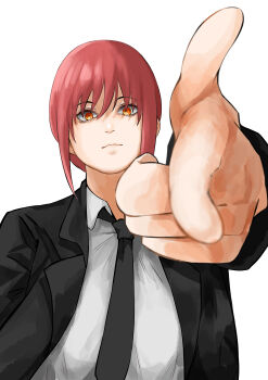 1girl absurdres black_coat black_necktie chainsaw_man closed_mouth coat collared_shirt commentary_request highres looking_at_viewer makima_(chainsaw_man) necktie orange_eyes pointing pointing_at_viewer red_hair ringed_eyes senrihinzk shirt sidelocks simple_background solo white_background white_shirt