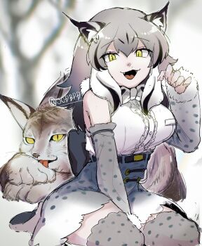 1girl :3 animal_ears animal_print back_bow bare_shoulders black_hair blush bow bowtie canadian_lynx_(kemono_friends) cat_ears cat_girl cat_print cat_tail center_frills detached_sleeves fang frills fur_collar fur_trim grey_bow grey_bowtie grey_hair grey_skirt grey_sleeves grey_thighhighs hair_between_eyes high-waist_skirt highres kemono_friends lynx multicolored_hair ocdbpd open_mouth print_skirt print_sleeves print_thighhighs shirt sidelocks sitting skirt slit_pupils smile solo tail thighhighs white_fur white_hair white_shirt yellow_eyes zettai_ryouiki