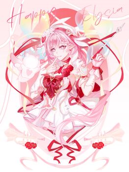 1girl absurdres beret breasts dress elf elysia_(hi_love_elf)_(honkai_impact) elysia_(honkai_impact) happy_birthday hat highres holding_ribbon_baton honkai_(series) honkai_impact_3rd hyurns instrument large_breasts little_messenger_(honkai_impact) long_hair multicolored_hair pink_hair pointy_ears purple_eyes red_dress smile solo trumpet two-tone_hair very_long_hair white_dress white_hair