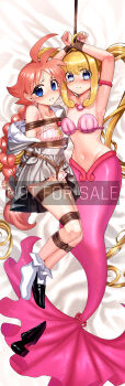 2girls a2_(agenta2) absurdres ahiru_(princess_tutu) armpits arms_up bdsm bikini blonde_hair blue_eyes bondage bound bound_legs bound_wrists bra braid collarbone commentary_request crying gag hair_between_eyes highres jewelry linked_gag long_hair looking_at_viewer mermaid_melody_pichi_pichi_pitch multiple_girls nanami_lucia necklace orange_eyes panties pink_bikini pink_bra pink_panties princess_tutu princess_tutu_(character) restrained shell shell_bikini shell_necklace shibari socks swimsuit tears underwear very_long_hair watermark white_socks
