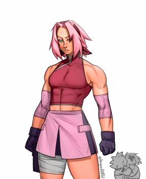 1girl absurdres alternate_muscle_size arcquosnsfw bare_shoulders black_gloves broad_shoulders cropped_legs gloves green_eyes haruno_sakura highres kiss muscular muscular_female naruto_(series) naruto_shippuuden pink_hair short_hair simple_background solo_focus standing uchiha_sasuke uzumaki_naruto white_background