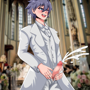 1boy absurdres blue_eyes blue_hair blush church cum ejaculation gear5 highres honoo_no_haramase_oppai_ero_appli_gakuen jacket majime_masato masturbation open_mouth penis penis_out shirt tongue tuxedo white_jacket white_shirt