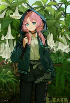 1girl absurdres arknights artist_name bag belt black_choker black_pants black_shorts blue_eyes blue_jacket blue_poison_(arknights) choker commentary_request dated dcy11011 frog_girl highres holding_strap hood hooded_jacket jacket looking_at_viewer open_clothes open_jacket pants pink_hair plant shirt shorts shoulder_bag smile solo tree twintails white_shirt