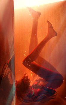 1girl absurdres afloat bodysuit bubble floating floating_hair gradient_background hair_ornament highres in_container in_water liquid lmmmmilk long_hair looking_down mecha_pilot_suit neon_genesis_evangelion orange_background own_hands_together plugsuit_(evangelion) red_bodysuit red_hair reflection sinking solo souryuu_asuka_langley striped_bodysuit white_background yellow_background