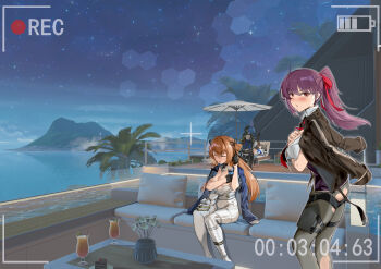 1boy 463_jun 4girls absurdres beach_umbrella black_hair black_jacket black_pantyhose black_ribbon blue_hair blue_jacket blush brown_hair chinese_commentary closed_mouth commander_(girls'_frontline) commentary_request covering_breasts covering_privates cup daiyan_(girls'_frontline_2) dp-12_(girls'_frontline) flower game_screenshot_background girls'_frontline girls'_frontline_2:_exilium hair_ribbon helen_(girls'_frontline_2) highres implied_sex jacket jacket_on_shoulders long_hair looking_at_viewer makiatto_(girls'_frontline_2) multiple_girls night ocean open_clothes open_jacket open_mouth pants pantyhose ponytail recording red_eyes red_ribbon ribbon screenshot_background sitting sky springfield_(girls'_frontline) springfield_(girls'_frontline_2) star_(sky) starry_sky torn_clothes torn_pantyhose type_95_(girls'_frontline) umbrella user_interface wa2000_(girls'_frontline) white_flower white_pants