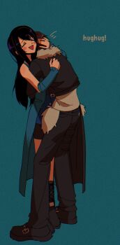 1boy 1girl arm_around_back bare_shoulders black_boots black_hair black_jacket black_pants black_shorts blue_background blue_cardigan blue_skirt blue_sleeves blush boots brown_hair cardigan closed_eyes couple cropped_jacket detached_sleeves final_fantasy final_fantasy_viii full_body fur-trimmed_jacket fur_trim hand_in_another's_hair hetero highres hug jacket long_hair nzeneee open_mouth pants rinoa_heartilly shirt short_hair shorts shorts_under_skirt skirt smile squall_leonhart white_shirt