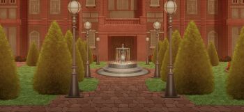 balcony bush door flower fountain game_cg garden lamppost mansion no_humans non-web_source official_art open_mouth path red_flower road scarlet_devil_mansion scenery topiary touhou touhou_gensou_eclipse tree twilight window