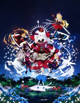 6+girls absurdres alice&#039;s_adventures_in_wonderland alice_margatroid alice_margatroid_(pc-98) alternate_costume alxz animal_ears bird black_legwear blonde_hair blue_eyes blue_hair blush book boots bow breasts card clock crescent_moon dress elbow_gloves female_focus fire flower fly_agaric glasses gloves grey_eyes grimoire grimoire_of_alice hair_bobbles hair_bow hair_ornament hair_ribbon hairband hat highres hourglass ice joker_(playing_card) long_hair louise_(touhou) mai_(touhou) moon multiple_girls mushroom mystic_square parody playing_card rabbit_ears ribbon sara_(touhou) shinki_(touhou) short_hair side_ponytail silver_hair skirt smile star_(sky) suspenders sword thighhighs tiara touhou touhou_(pc-98) tree weapon white_legwear yellow_eyes yuki_(touhou) yumeko_(touhou)