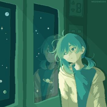 1girl artist_name blue_eyes blue_hair blue_shirt closed_mouth commentary_request elevator hair_between_eyes highres hood hooded_jacket jacket limited_palette looking_outside low_side_ponytail moon open_clothes open_jacket original pixel_art planet reflection shirt solo space star_(sky) wasawa030 window