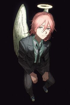 1boy angel angel_devil_(chainsaw_man) angel_wings black_jacket black_necktie black_suit business_suit chainsaw_man feathered_wings formal_clothes glowing glowing_halo halo highres jacket kota_2kx necktie shirt_tucked_in solo suit suit_jacket traditional_halo white_wings wings