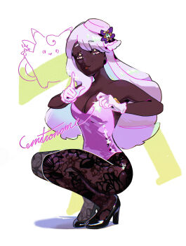 1girl bare_shoulders black_pantyhose black_shoes breasts cleavage clefable dark-skinned_female dark_skin dress fascinator floral_print floral_print_pantyhose gen_1_pokemon glove_bow gloves hair_ornament high-waist_pantyhose high_heels highres jacinthe_(pokemon) lace lace_bodysuit lace_pantyhose large_breasts leotard long_hair long_sleeves looking_at_viewer nintendo pantyhose pokemon pokemon_(creature) pokemon_legends:_z-a print_pantyhose purple_eyes purple_hair purple_leotard see-through_pantyhose shoes smile stiletto_heels strappy_heels sugahri tongue tongue_out very_dark_skin white_gloves