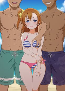 1girl 2boys abs absurdres asymmetrical_bangs bare_arms bare_shoulders beach bikini blue_bikini blue_eyes blue_shorts blue_sky bow breasts brown_hair collarbone day faceless faceless_male feet_out_of_frame floral_print furrowed_brow gluteal_fold grabbing_another's_breast grabbing_from_behind green_shorts grin groping hair_between_eyes hair_bow half-closed_eyes halterneck hand_on_own_arm height_difference hetero highres kosaka_honoka light_blush looking_at_viewer love_live! love_live!_school_idol_project medium_breasts multicolored_bikini multiple_boys muscular muscular_male navel nervous_smile one_side_up open_mouth outdoors pink_bikini shorts side-tie_bikini_bottom sky smile solo_focus standing straight-on string_bikini striped_bikini striped_clothes sun swimsuit thigh_gap topless_male usazirou539 white_bikini yellow_bow