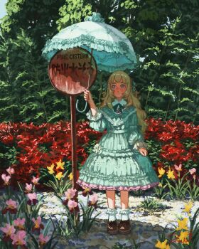 Rule 34 | 1girl, absurdres, blonde hair, blue bow, blue dress, blue eyes, bow, commentary, dress, flower, frilled dress, frilled socks, frilled umbrella, frills, full body, hair bow, highres, holding, holding umbrella, layered dress, lolita fashion, long hair, nature, original, outdoors, parasol, pink flower, red flower, shoes, sign, signature, socks, solo, standing, symbol-only commentary, umbrella, yellow flower, yoshizawa takuma