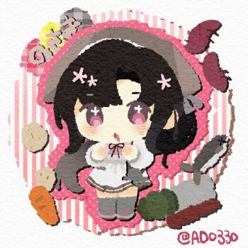 +_+ 1girl andrea_(andreadoria0330) apron bandana black_hair carrot character_name chibi fish_(food) food full_body grey_skirt grey_socks kantai_collection kappougi nankai_(kancolle) nosaki_(kancolle) potato red_eyes side_ponytail skirt socks solo squash sweet_potato