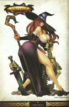 1girl artbook ass between_buttocks breasts cleavage curvy dragon's_crown dress face_to_breasts female_focus hat highres huge_ass huge_breasts kamitani_george large_breasts legs long_hair long_legs looking_at_viewer official_art red_hair scan side_slit simple_background skeleton solo sorceress_(dragon's_crown) staff strapless strapless_dress sword thick_thighs thighs vanillaware weapon white_background wide_hips witch_hat