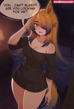 1girl absurdres animal_ears bare_shoulders black_shirt blonde_hair blue_eyes blue_hair bread-n-butter breasts cleavage collarbone english_text highres horse_ears horse_girl horse_tail large_breasts long_hair long_shirt looking_at_viewer multicolored_hair obey_your_master_(umamusume) off-shoulder_shirt off_shoulder open_mouth shirt short_sleeves solo speech_bubble star-shaped_pupils star_(symbol) symbol-shaped_pupils tail teeth thighs two-tone_hair umamusume umamusume:_cinderella_gray