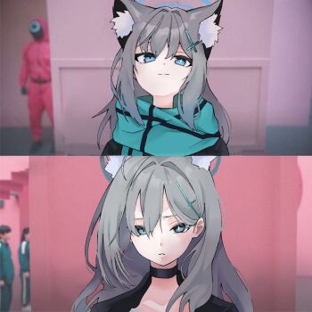 2girls 966_kururu_966 animal_ear_fluff animal_ears black_choker black_halo black_jacket blue_archive blue_eyes blue_halo blue_scarf bright_pupils choker closed_mouth cross cross_hair_ornament grey_hair hair_between_eyes hair_ornament halo highres jacket long_hair looking_at_viewer meme multiple_girls scarf shiroko_(blue_archive) shiroko_terror_(blue_archive) sidelocks smile squid_game upper_body white_pupils wolf_ears wolf_girl year_1_&amp;_year_2_(squid_game)_(meme)