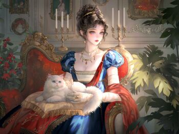 1girl absurdres animal animal_on_lap black_hair blue_dress blue_eyes breasts candle candlestand cat chair cleavage closed_mouth collarbone couch dress earrings elbow_gloves flower gloves hair_bun highres holding holding_animal indoors jewelry large_variant_set makeup necklace on_lap original painting_(object) pearl_necklace plant puff_and_slash_sleeves puffy_short_sleeves puffy_sleeves red_lips shawl short_sleeves sitting solo variant_set white_cat white_gloves xixizi