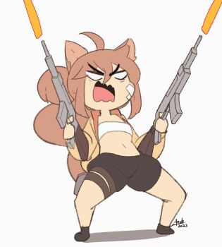 1girl ahoge anachi_(fizintine) angry animal_ears animated animated_gif aonoexorcist100 bandage_on_face bandages bandeau black_hair black_shoes black_shorts breasts brown_hair chibi clip_studio_paint_(medium) collarbone commentary crop_top dated derivative_work dual_wielding english_commentary firing full_body gun hair_between_eyes holding holding_gun holding_weapon jacket lisa_(series) lisa_the_joyful looping_animation meme midriff navel open_clothes open_jacket open_mouth original puffy_shorts shadow shoes shorts signature simple_background skeleton_with_guns_(meme) small_breasts solo squirrel_ears squirrel_girl squirrel_tail standing strapless tail tube_top upper_body v-shaped_eyebrows weapon white_background white_bandeau yellow_jacket