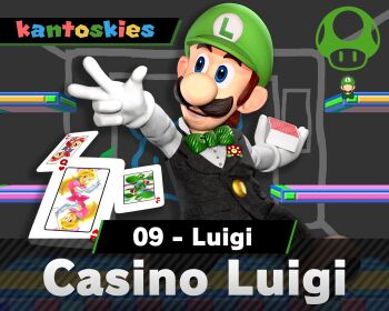1boy 3d alternate_costume artist_name artist_request blue_eyes brown_hair card card_(medium) casino facial_hair hat highres luigi mario mario_(series) mustache nintendo numbered poker princess_peach smile super_mario_64_ds super_smash_bros. v vest yoshi