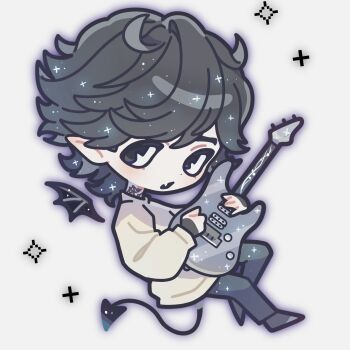 1boy black_eyes black_hair blue_pants character_request chibi chibi_only commentary_request copyright_request demon_boy demon_tail demon_wings detached_wings fang full_body guitar highres holding holding_guitar holding_instrument instrument long_sleeves looking_at_viewer male_focus neck_tattoo okubatomaeba open_mouth pants parted_bangs pointy_ears shirt short_hair skin_fang solo swept_bangs tail tattoo white_background white_shirt wings