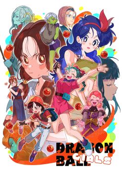 6+girls android_18 aqua_hair backpack bag blue_hair breasts character_request cheelai chi-chi_(dragon_ball) chronoa colored_skin denim dragon_ball dragon_ball_(classic) dragon_ball_(object) dragon_ball_gt dragon_ball_super dragon_ball_xenoverse dragonball_z english_text gloves green_skin happy heart highres jeans lunch_(dragon_ball) mai_(dragon_ball) medium_breasts multiple_girls pan_(dragon_ball) pants s_3u single_glove small_breasts towa_(dragon_ball) videl white_gloves