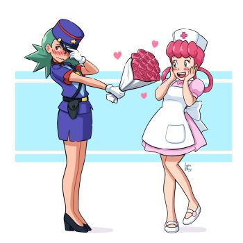 2girls andreadarcyart commentary english_commentary highres jenny_(pokemon) joy_(pokemon) multiple_girls nintendo painterly pokemon pokemon_(creature) tagme yuri