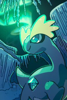 Rule 34 | amaura, aurora, commentary, dinosaur, english commentary, from side, gen 6 pokemon, highres, ice, looking up, night, night sky, nintendo, no humans, outdoors, petite echorizon, pokemon, pokemon (creature), pokemon focus, scenery, sky, smile, solo, winter