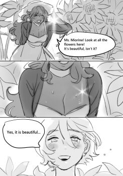 2girls blush breasts cleavage closed_eyes dark-skinned_female dark_skin dress earrings english_text female_focus flower gundam gundam_suisei_no_majo hat highres jewelry looking_at_breasts looking_at_viewer milfcookiesimp miorine_rembran monochrome multiple_girls sequential smile speech_bubble suletta_mercury sundress sunflower sweat tearing_up yuri