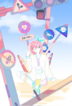 1girl ;( aqua_eyes aqua_hairband aqua_shoes arm_at_side arm_support asymmetrical_legwear aubrey_(faraway)_(omori) aubrey_(omori) b_hong bike_shorts bike_shorts_under_skirt blue_sky bow_hairband closed_mouth cloud collared_jacket commentary day double-parted_bangs double_horizontal_stripe facing_viewer full_body hair_between_eyes hairband hand_in_own_hair hand_up heart highres inline_skates jacket knee_brace kneehighs knees_apart_feet_together knees_up light_blush long_hair long_sleeves looking_to_the_side miniskirt mismatched_socks omori one_eye_closed open_clothes open_jacket outdoors outline pale_skin pink_hair pleated_skirt puffy_long_sleeves puffy_sleeves purple_shirt red_skirt road_sign roller_skates shirt shoelaces shoes sidelocks sideways_glance sign simple_background sitting skates skirt sky socks solo straight_hair symbol-only_commentary traffic_cone traffic_light white_jacket white_outline white_socks yellow_socks