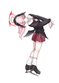 1girl absurdres beret black_hat black_shirt black_wings blue_archive blush closed_eyes closed_mouth commentary_request facing_viewer feathered_wings from_side full_body furrowed_brow hair_between_eyes halo hat head_wings highres ice_skates ice_skating koharu_(blue_archive) leaning_back long_hair long_sleeves low_wings miniskirt neckerchief pink_hair pink_neckerchief pleated_skirt red_halo red_skirt sailor_collar school_uniform serafuku shangdi_de_fa_zhang shirt simple_background skates skating skirt smile socks solo standing twintails white_background white_sailor_collar white_socks winged_halo wings
