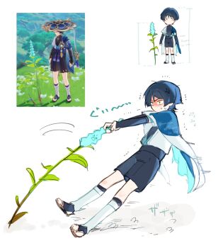 1boy anger_vein annoyed arms_at_sides black_bodysuit black_bridal_gauntlets black_leggings black_sandals black_shorts blue_cape blue_gemstone blue_hair blue_kimono blue_sleeves blunt_ends blush_stickers bodysuit bridal_gauntlets cape clenched_hands constricted_pupils furisode game_screenshot_inset gem genshin_impact height_difference highres holding holding_plant japanese_clothes juban kimono layered_sleeves leaning_back leg_warmers leggings male_focus mint nero_hanken no_mouth open_clothes open_kimono plant pulling sandals sanpaku scaramouche_(genshin_impact) shaded_face short_sleeves shorts solo standing sweat twitter_username vision_(genshin_impact) wanderer_(genshin_impact) watermark white_kimono white_leg_warmers white_sleeves zouri